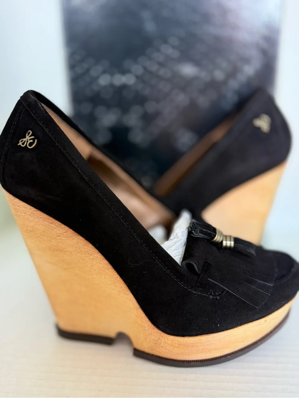 Sam Edelman Black Suede Wedge Loafers with Tassel